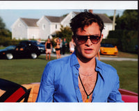 Ed Westwick wearing sunglasses with open blue shirt photo print.