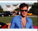 Ed Westwick wearing sunglasses with open blue shirt photo print.