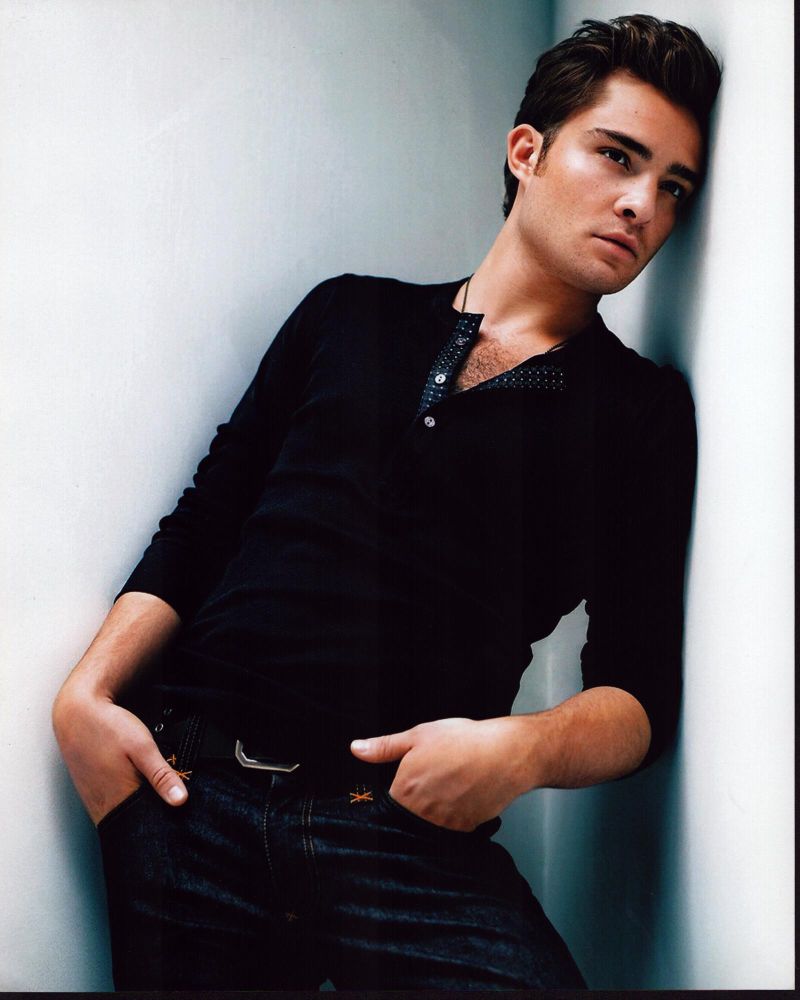 Ed Westwick leaning against a wall in a black top photo print
