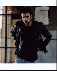 Jack Falahee photo print in leather jacket with patches