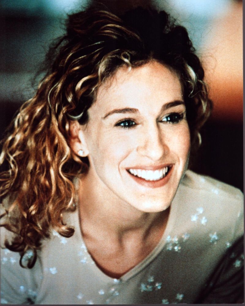 Sarah Jessica Parker photo print in tan shirt with flowers.