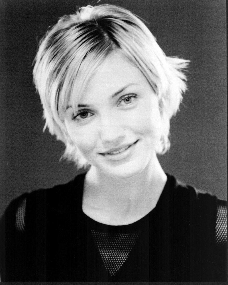 Cameron Diaz black and white headshot photo print in mesh top.