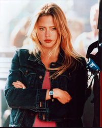 Estella Warren photo print in denim jacket, stylish portrait.