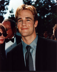 James Van Der Beek stylish photo print in black suit and gray shirt.