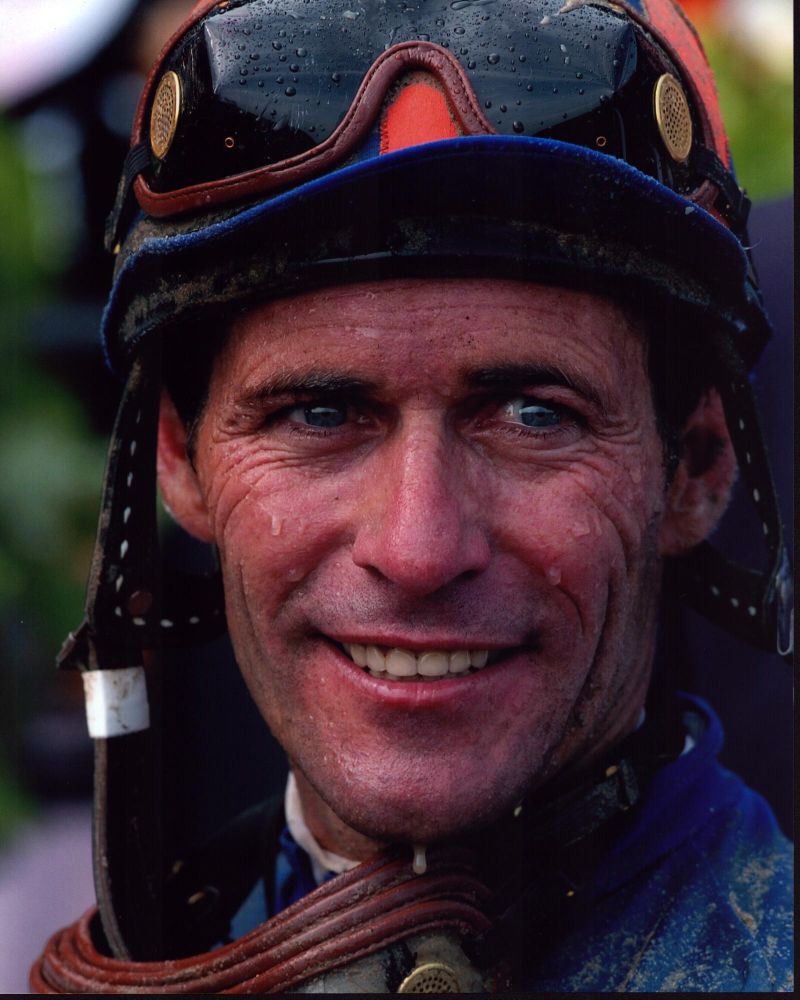 Close-up photo print of Gary Stevens in jockey gear