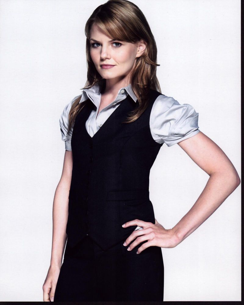 Jennifer Morrison stylish photo print in button down and vest.