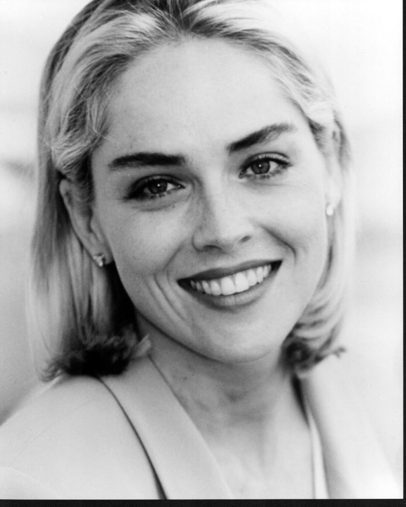 Sharon Stone smiling black and white photo print