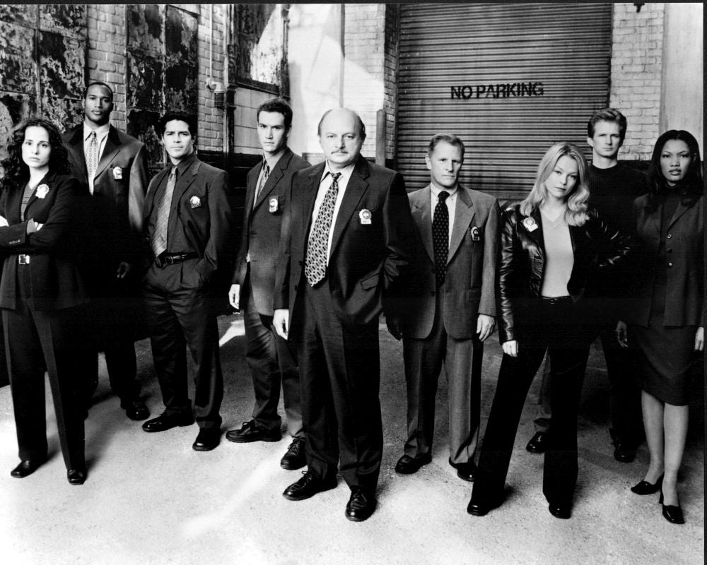 NYPD Blue Cast Black and White Photo Print showcasing iconic television characters.