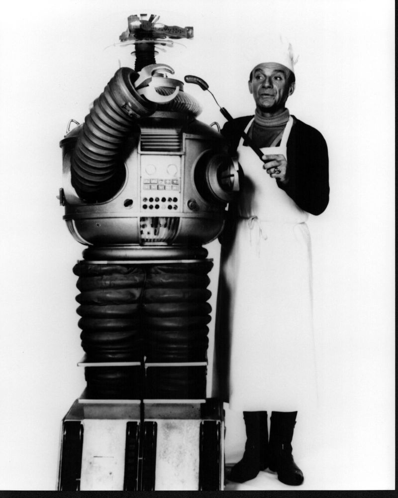 Jonathan Harris Feeding Robot Sausage in Lost In Space Black and White Photo Print