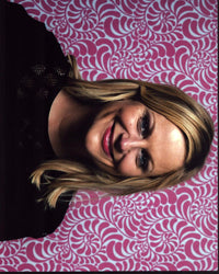 Amy Poehler photo print in black mesh top with pink background