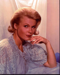 Pat Priest photo print in lace pajamas with hand on chin