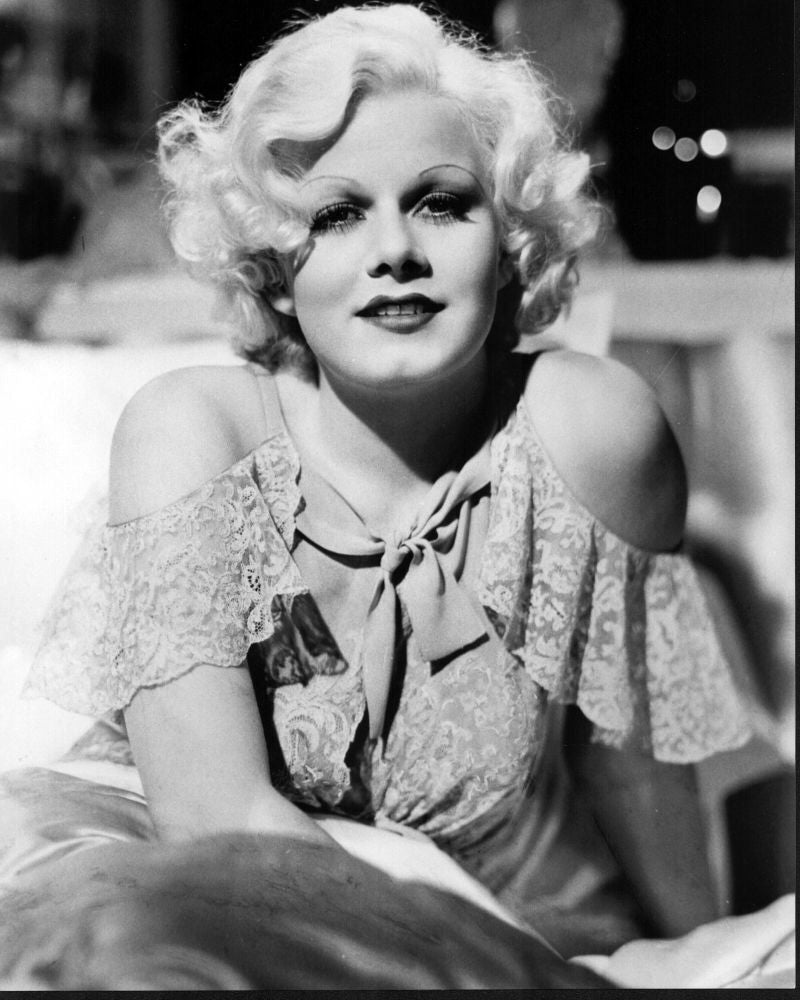 Jean Harlow Black and White Photo Print in Off Shoulder Lace Dress