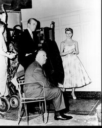 Behind the Scenes of 'The Man Who Knew Too Much' Black and White Photo Print - James Stewart, Alfred Hitchcock, Doris Day