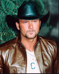 Tim McGraw photo print in brown leather jacket and black cowboy hat.