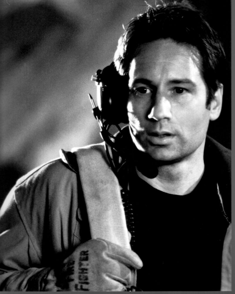 David Duchovny wearing a headset black and white photo print.