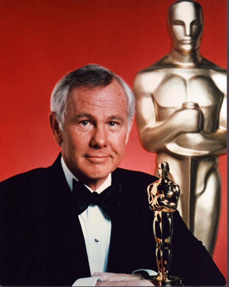 Johnny Carson Oscar Night Photo Print in Tuxedo holding Oscar statues.
