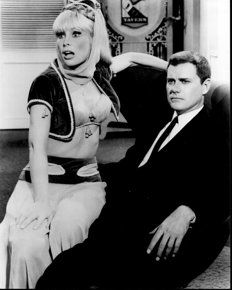 Black and white photo print of Barbara Eden and Larry Hagman in I Dream of Jeannie.