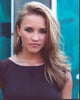 Emily Osment Stylish Photo Print in Gray Top with Hoop Earrings