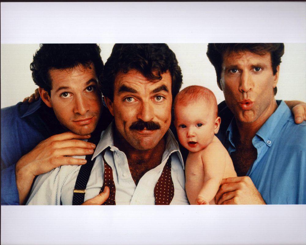 Three Men and a Baby photo print featuring Steve Guttenberg, Tom Selleck, and Ted Danson.