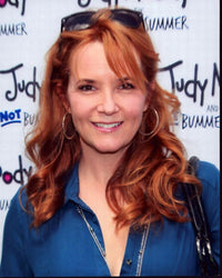 Lea Thompson photo print in blue top and sunglasses