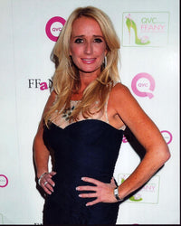 Kim Richards photo print in blue dress with hands on hips