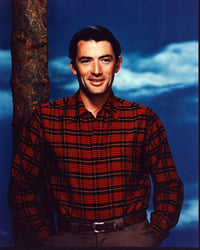 Gregory Peck in red plaid shirt against tree photo print.