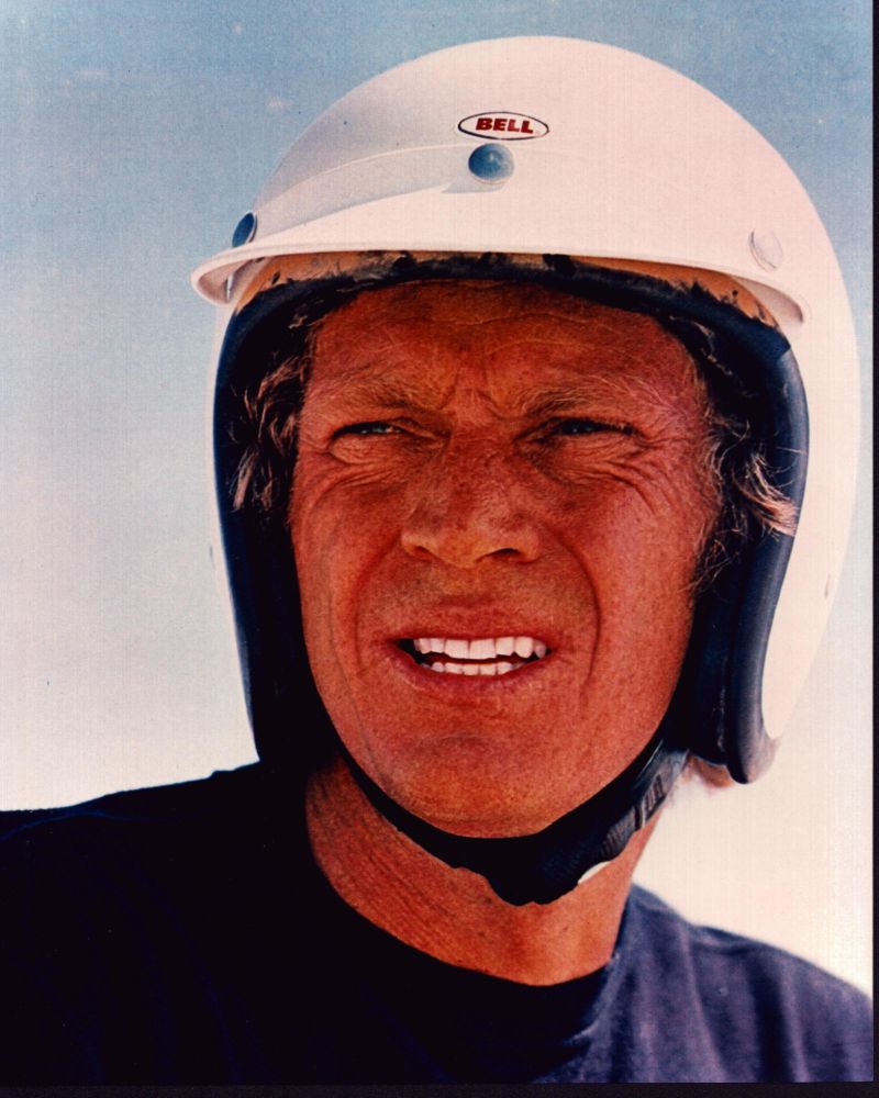 Steve McQueen wearing Bell helmet photo print.