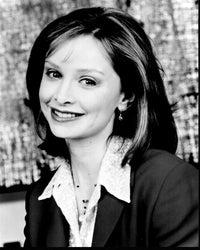 Calista Flockhart smiling in suit black and white photo print.