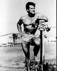 Steve Reeves shirtless black and white photo print, showcasing classic cinema.