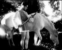 Ramon Novarro black and white photo print with sword next to horse.