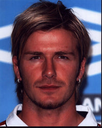 David Beckham close-up photo print with silver earrings.
