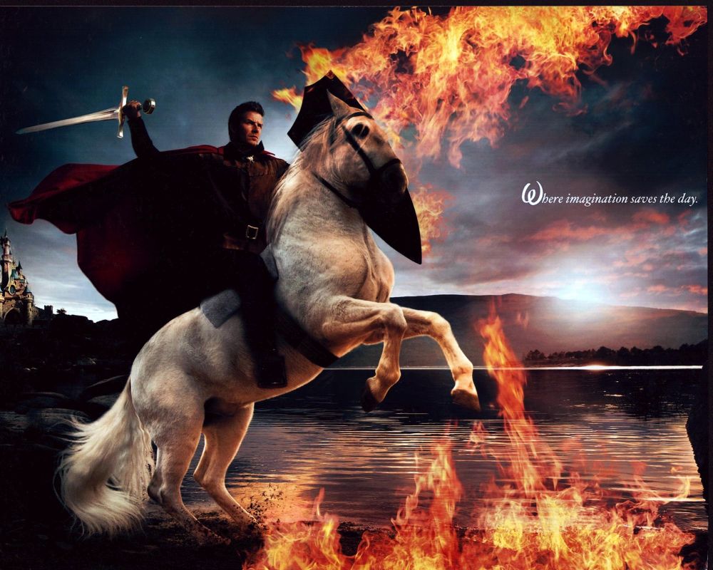 David Beckham horseback photo print with flames background.