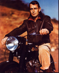 Alan Ladd in brown leather jacket on an Indian motorcycle photo print.