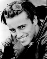 Matt LeBlanc smiling in leather jacket and sunglasses - black and white photo print