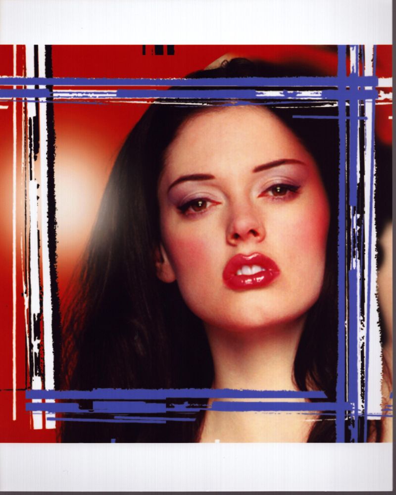Rose McGowan photo print with white and blue frame against red background