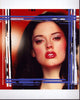 Rose McGowan photo print with white and blue frame against red background