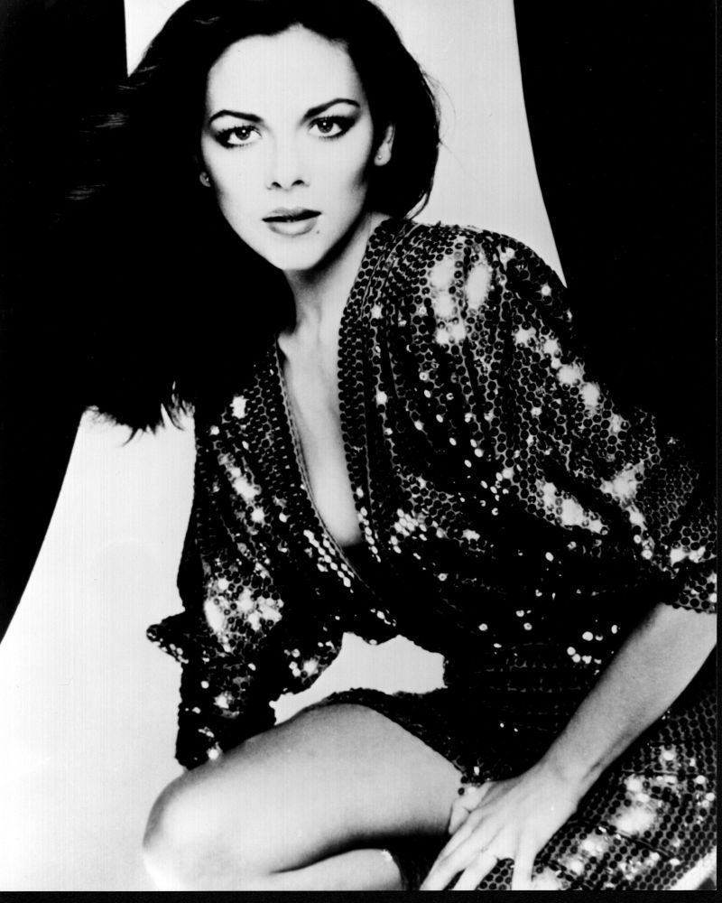Black and white photo print of Kim Cattrall in a sequin dress.