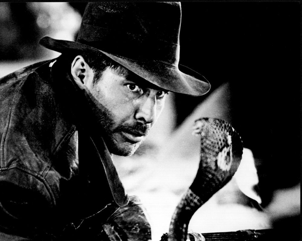 Harrison Ford in front of snake - Raiders of the Lost Ark black and white photo print
