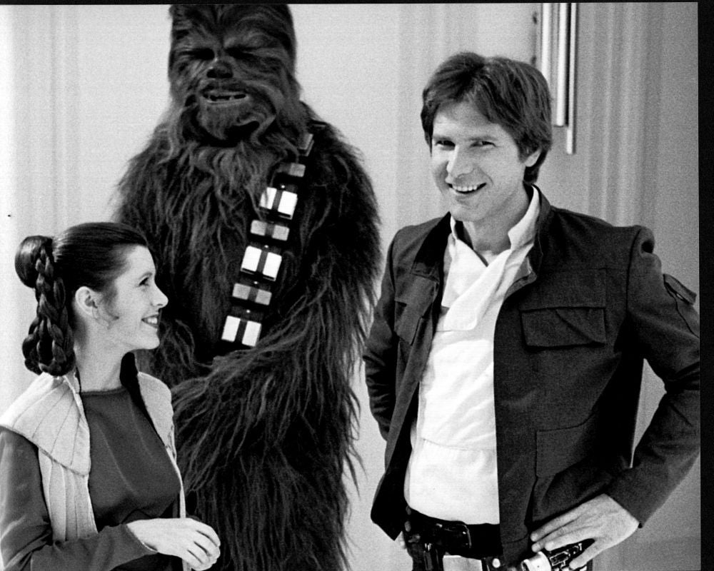 Carrie Fisher, Peter Mayhew, and Harrison Ford Black and White Photo Print from Star Wars: Episode V - The Empire Strikes Back
