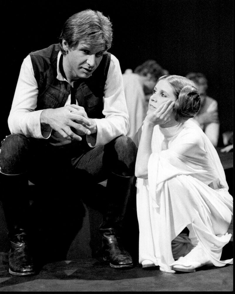 Harrison Ford and Carrie Fisher Behind the Scenes of Star Wars: Episode IV - A New Hope Black and White Photo Print