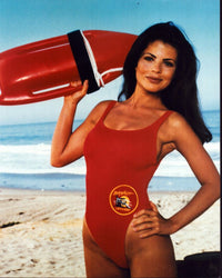 Yasmine Bleeth beach photo print in swimsuit with lifeguard float.