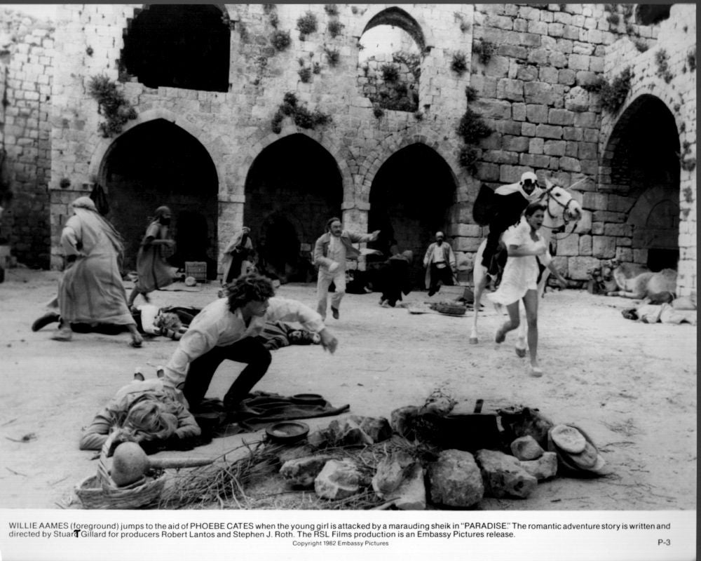Black and white photo print of Willie Aames, Richard Curnock, and Phoebe Cates in Paradise.