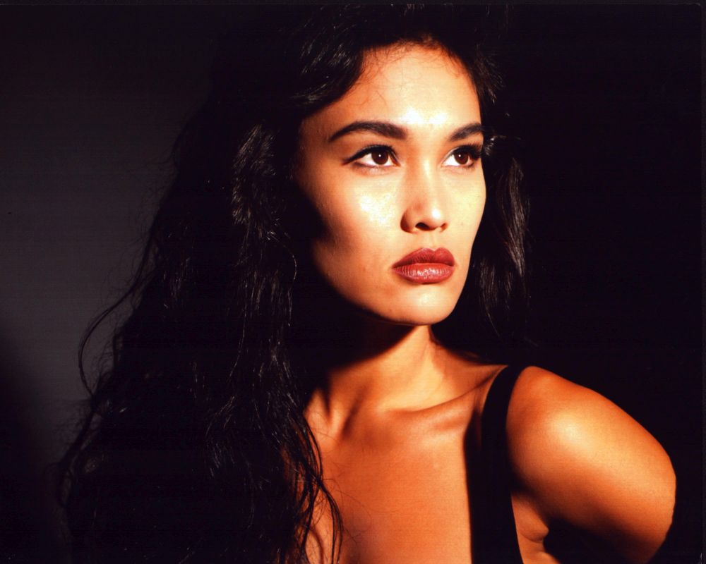 Tia Carrere close-up photo print in black tank top