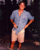 Dean Cain photo print in denim shirt and tan shorts