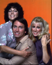 Joyce Dewitt, John Ritter, and Suzanne Somers photo print on orange background.