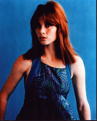 Stefanie Powers photo print in blue paisley top, vintage Hollywood decor.
