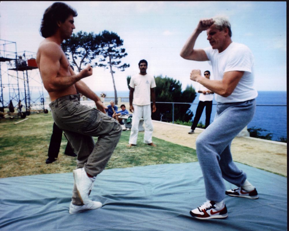 Mel Gibson and Gary Busey practicing fighting scene from Lethal Weapon photo print.