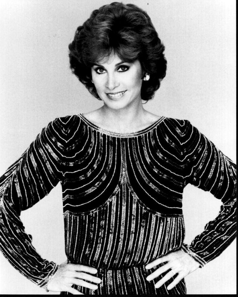 Stefanie Powers black and white photo print in beaded dress.