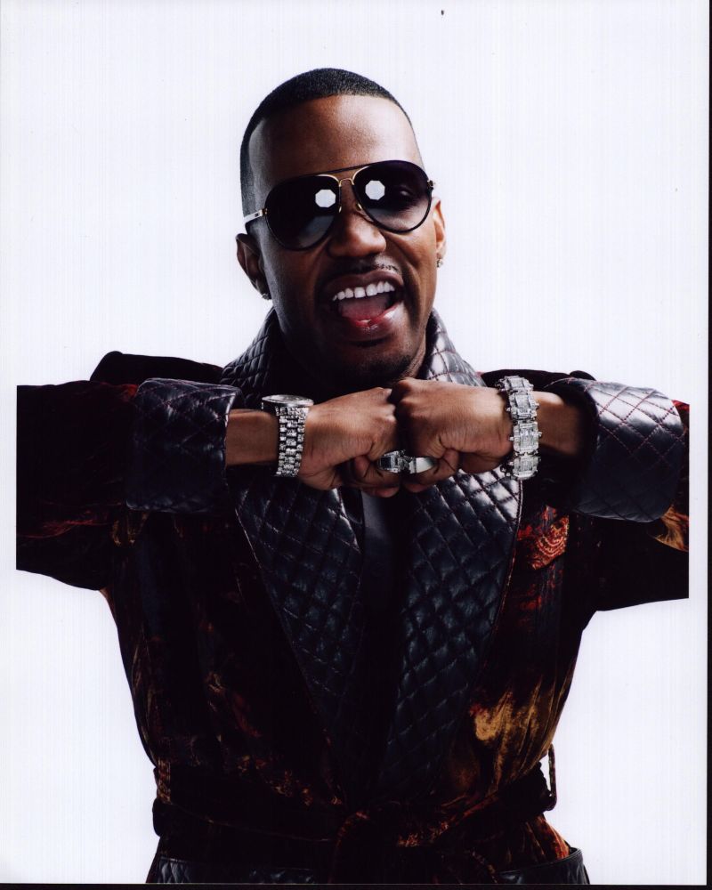 Juicy J photo print in leather trimmed robe, vibrant hip-hop artwork.