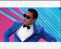 Psy Dancing in Blue Jacket Photo Print showcasing vibrant performance energy.